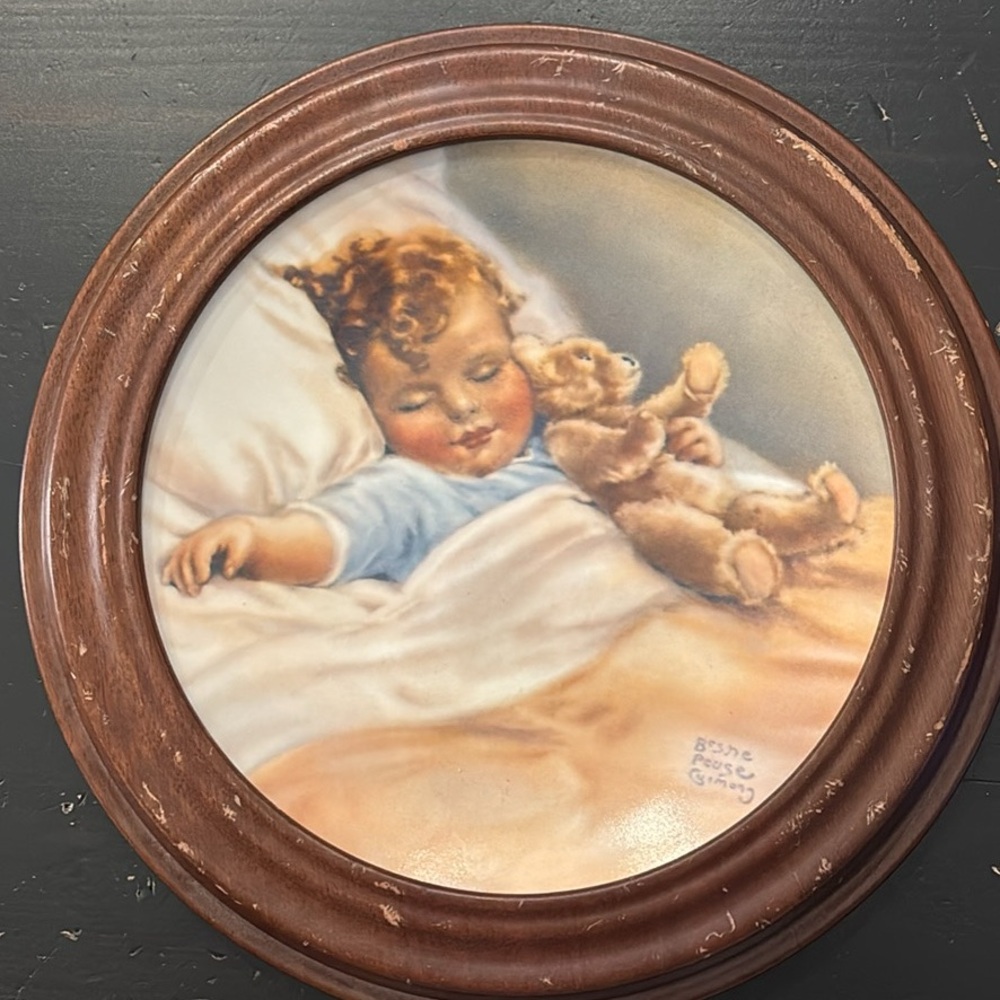 Vintage Sleeping Child and Teddy Bear Wall Art